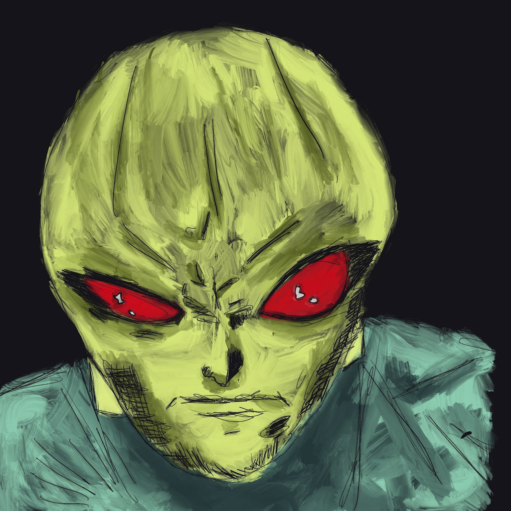 Alien portrait with yellow-green skin and red eyes