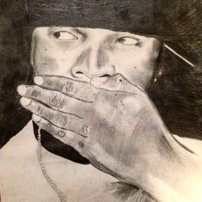 Pencil sketch portrait of a man with hand covering mouth